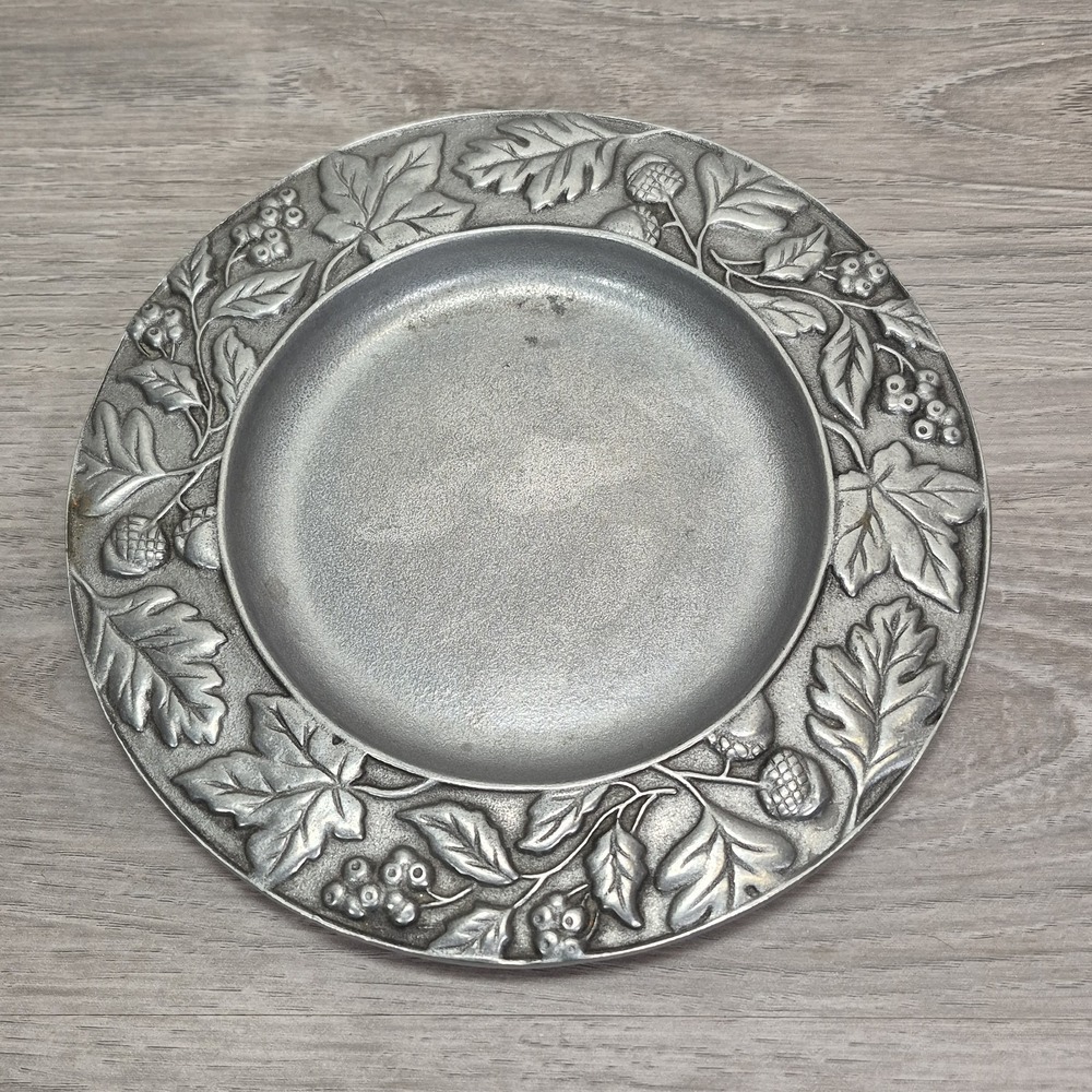 Longaberger Pewter Plate Candleholder Falling Leaves 2001 Leaves & Acorns